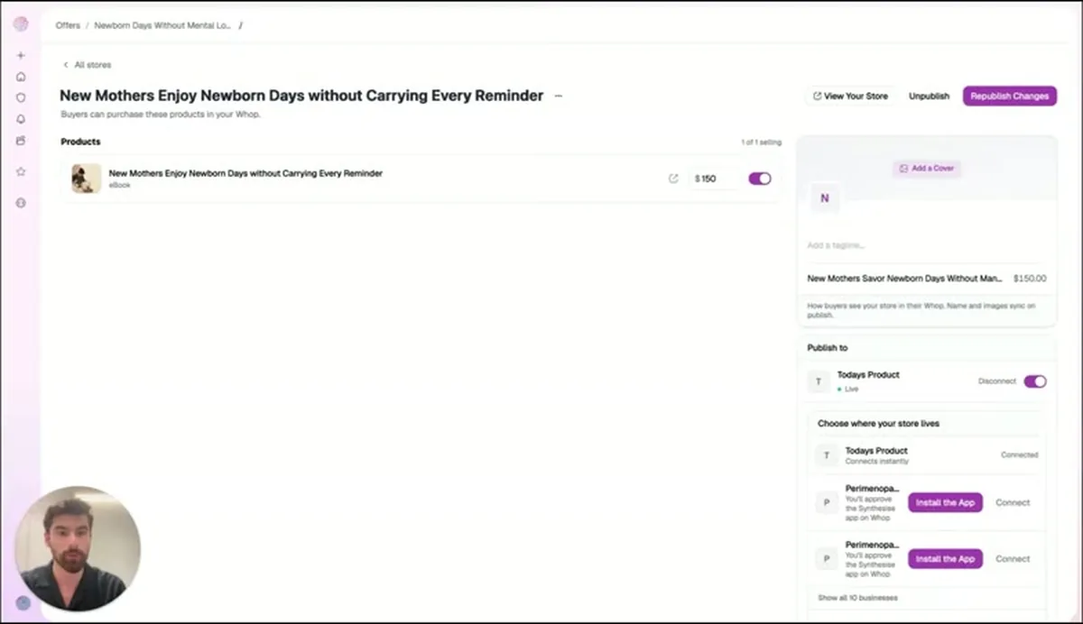 Synthesise AI store setup screen listing a generated ebook at $150 with a Publish to Whop panel