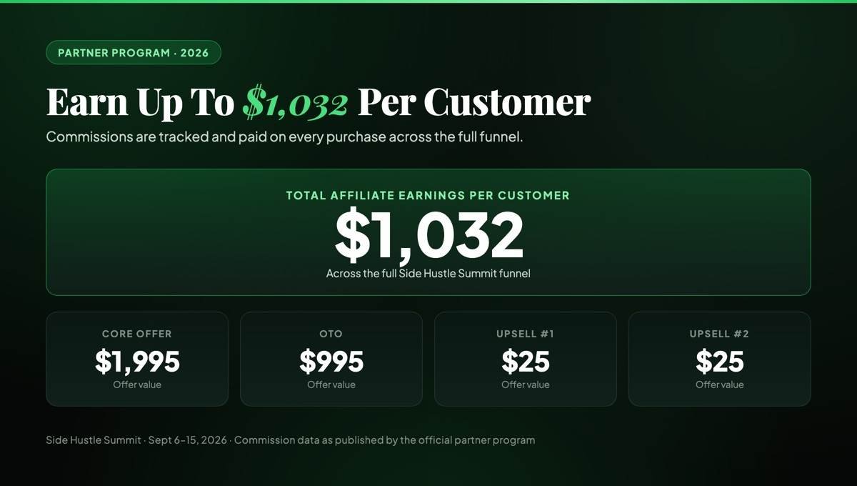 Side Hustle Summit commission structure showing up to $1,032 total affiliate earnings per customer across the $1,995 core offer, $995 OTO and two $25 upsells