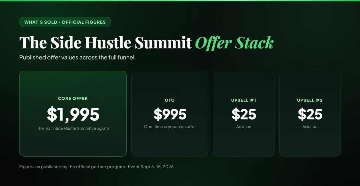 Side Hustle Summit offer stack showing the $1,995 core offer, $995 OTO and two $25 upsells