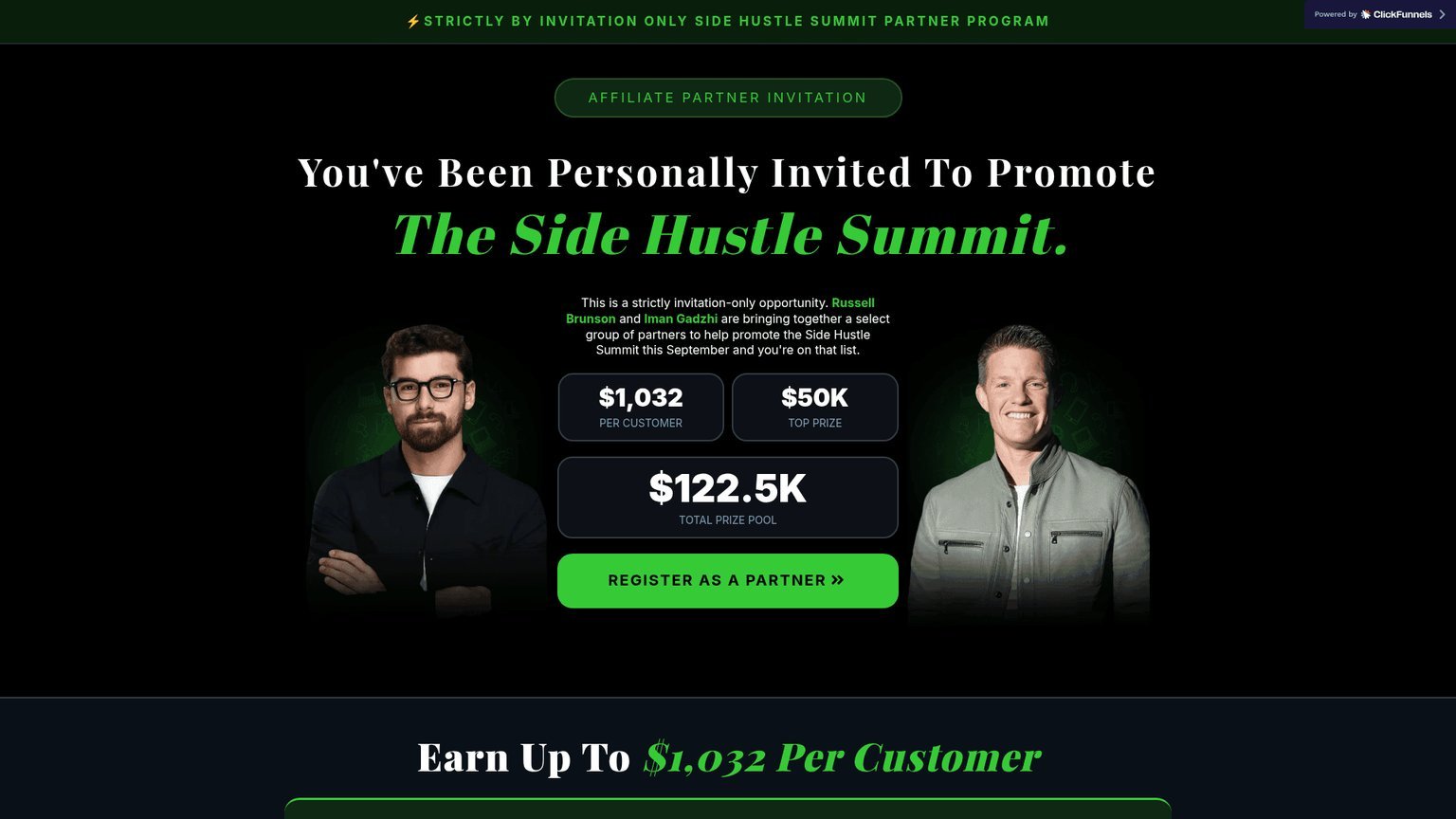 Side Hustle Summit Partner Program invitation page showing $1,032 per customer commission, $50K top prize, and $122.5K total prize pool