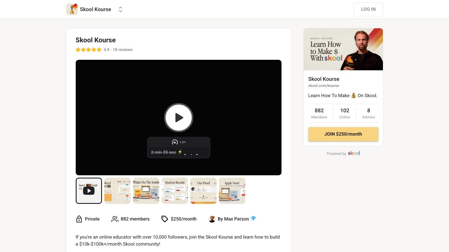 The Skool Kourse About page on Skool showing the $250 monthly price and 882 member count