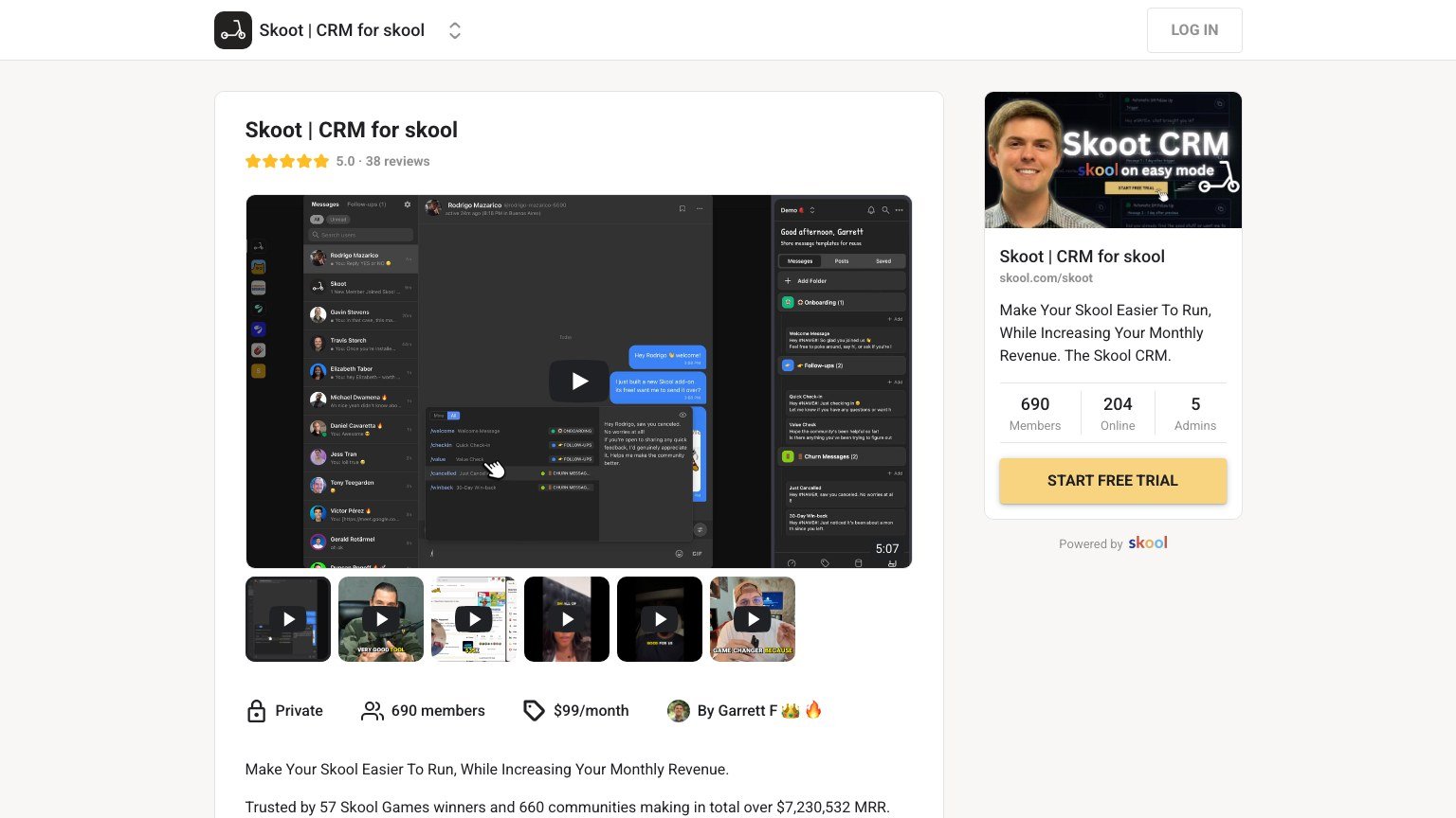 The Skoot CRM for Skool About page showing price, member count and the automation feature list