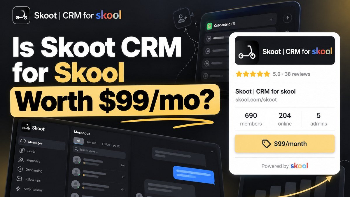 Skoot CRM for Skool review 2026, Garrett F automation tool for Skool owners