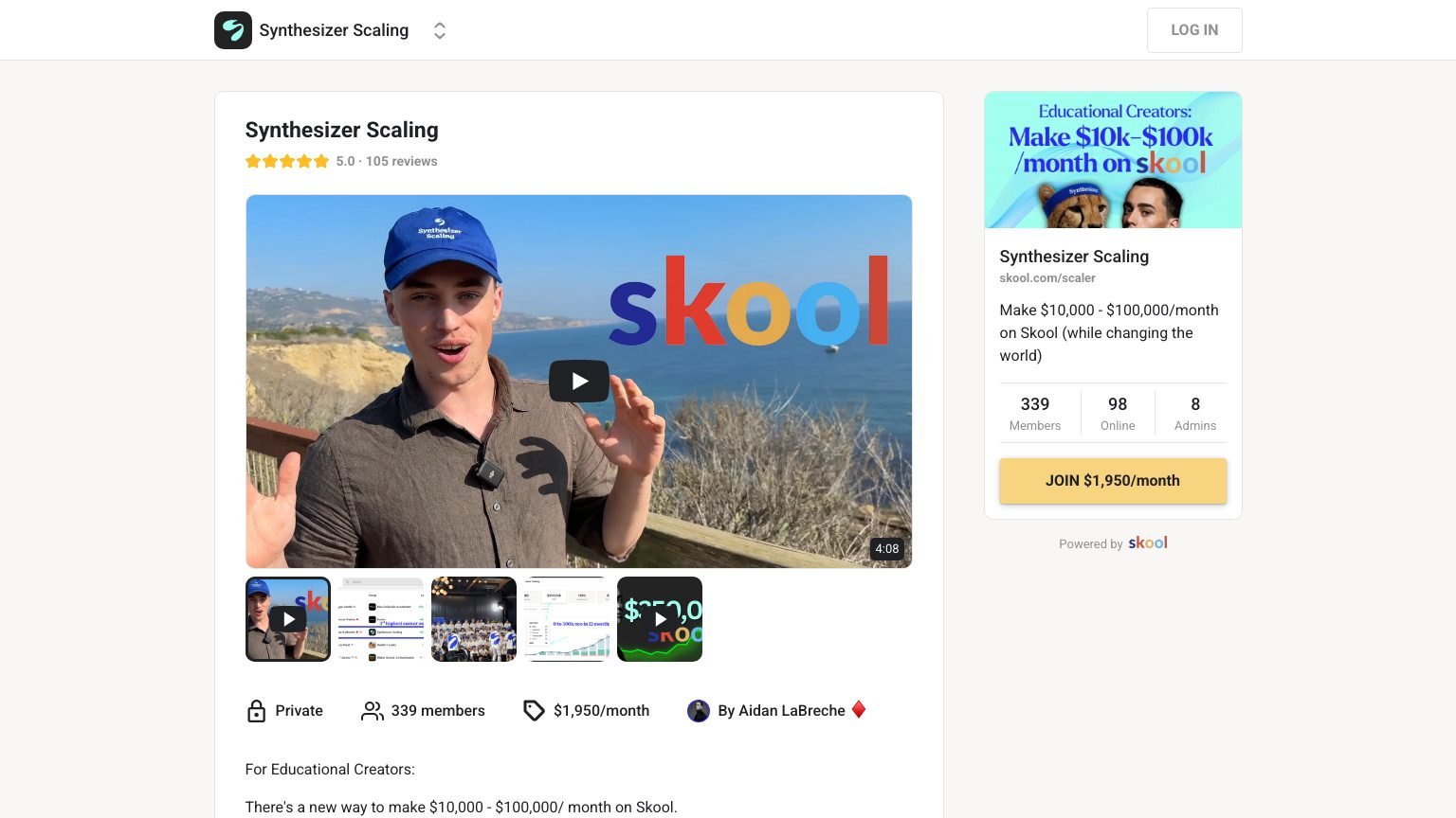 The Synthesizer Scaling About page on Skool showing the $1,950 monthly price and member count