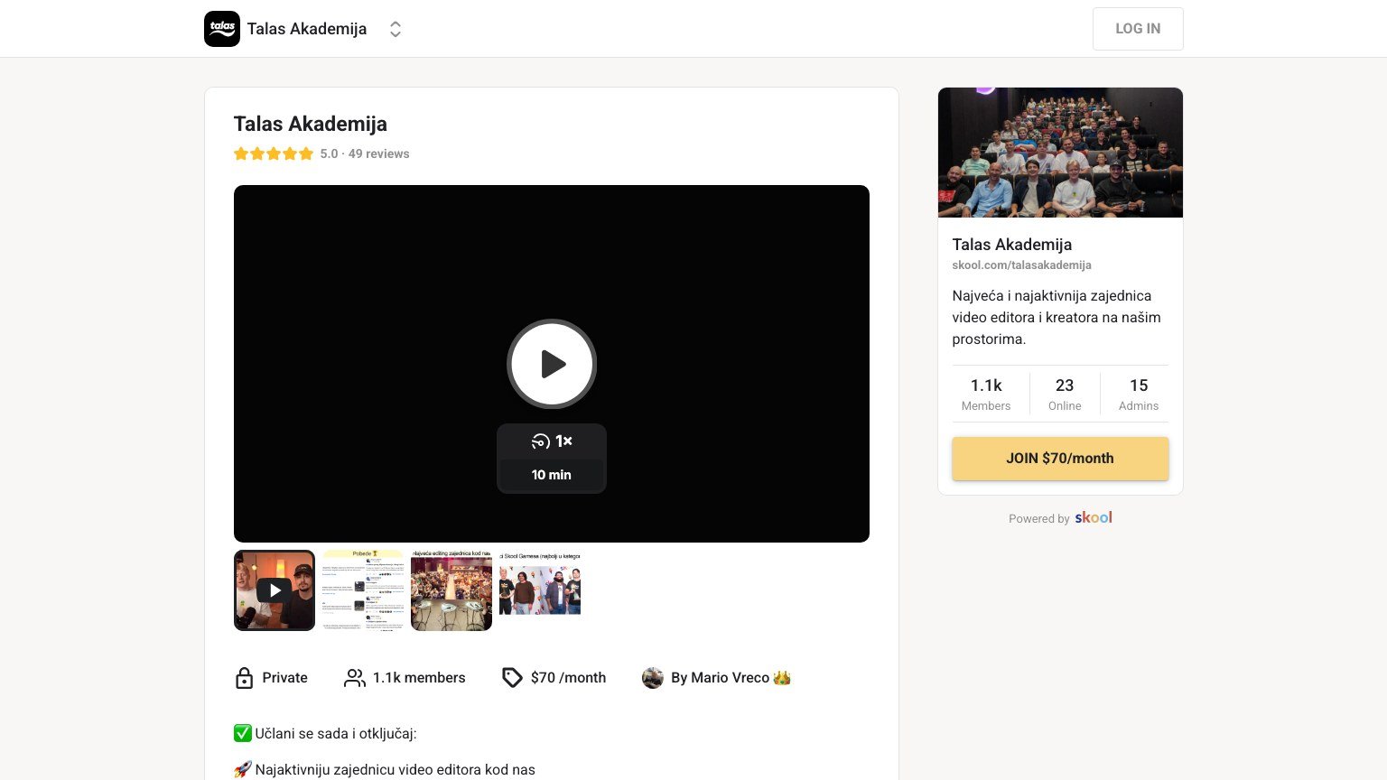 The Talas Akademija About page on Skool showing the Serbian description and the $70 join button