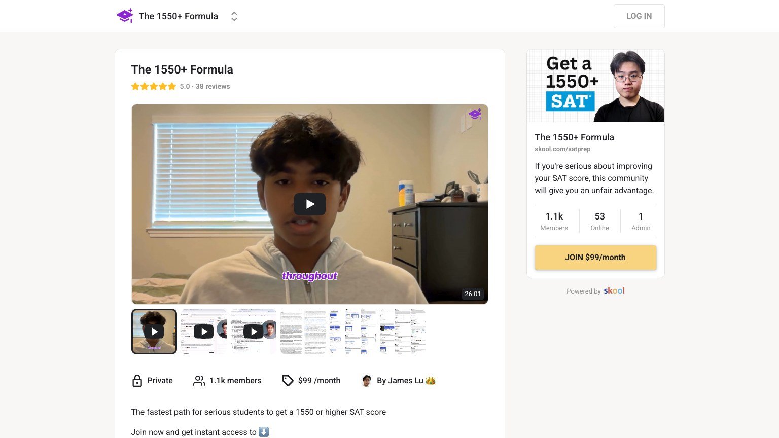 The 1550+ Formula About page on Skool showing the $99 monthly price and 1,116 member count