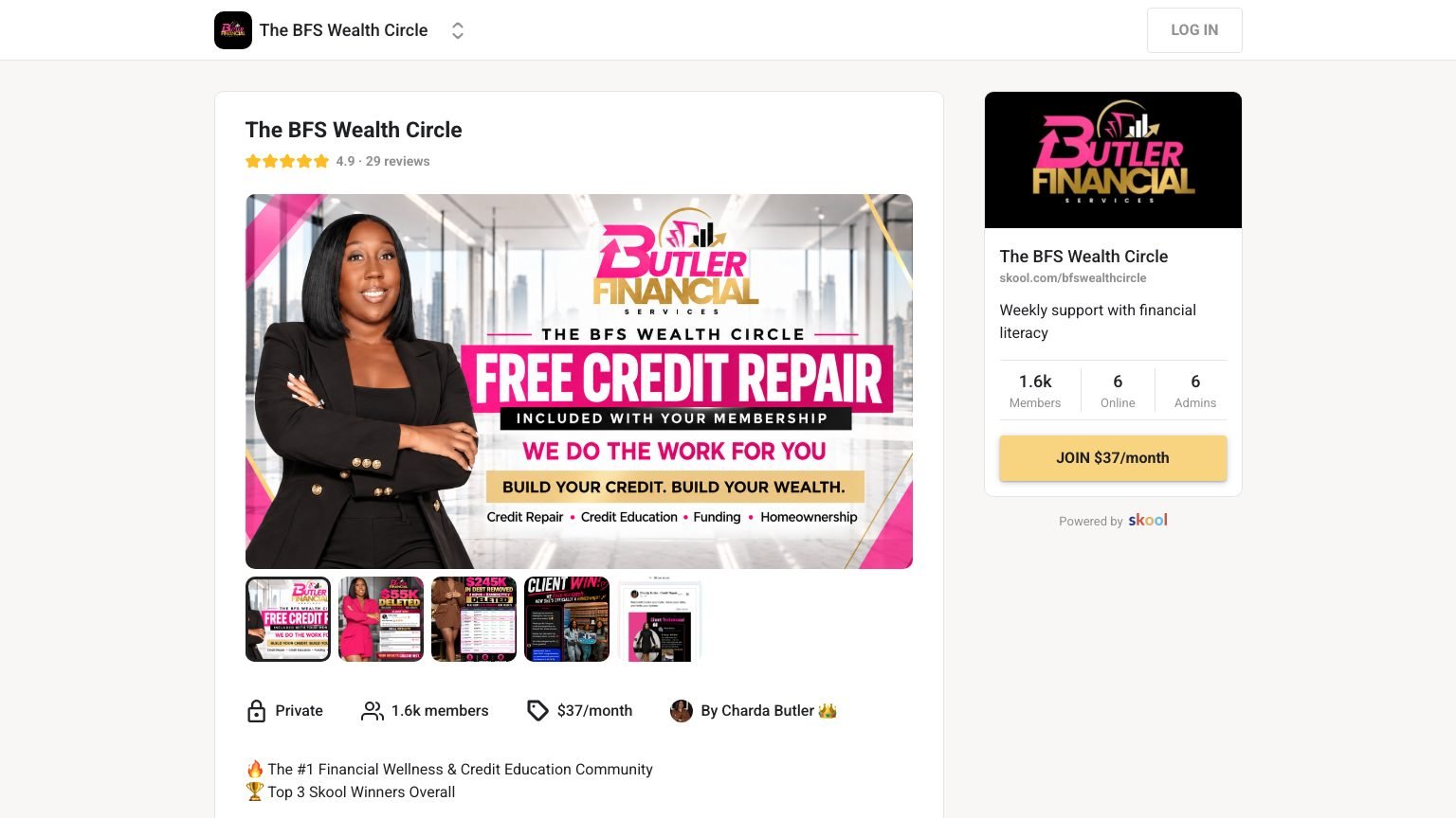 The BFS Wealth Circle About page on Skool showing the $37 button beside founder pricing copy