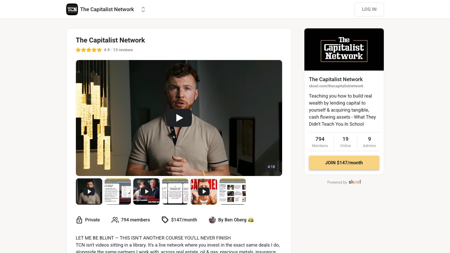 The Capitalist Network About page on Skool showing the $147 monthly price and the annual discount offer