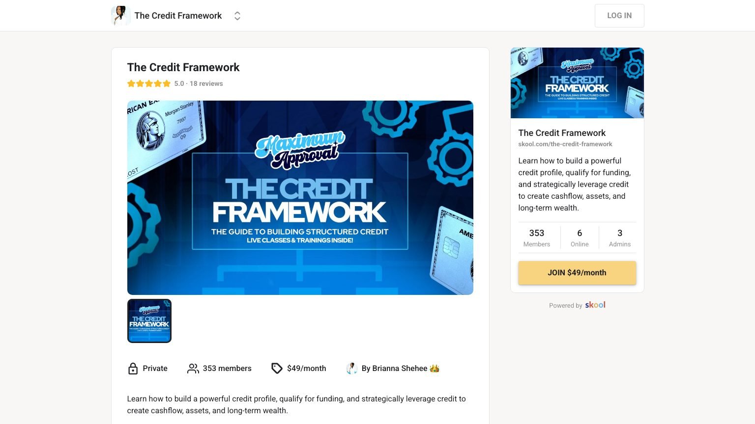 The Credit Framework About page on Skool showing 353 members and the $49 per month join button