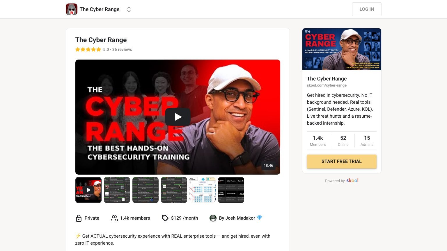 The Cyber Range About page on Skool showing price, member count and founder