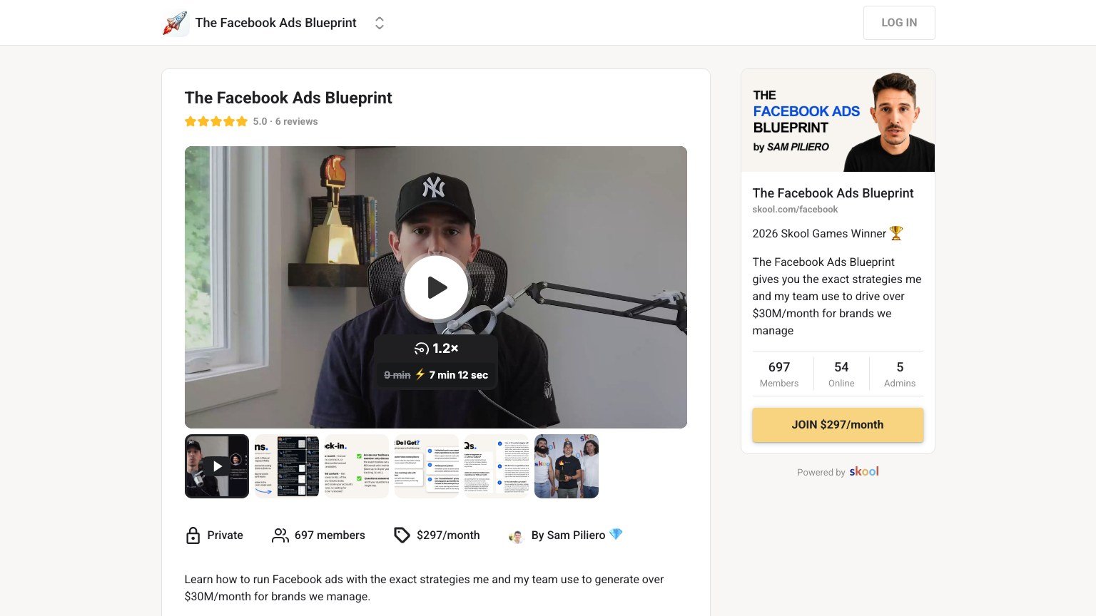 The Facebook Ads Blueprint About page on Skool showing the $297 monthly price, member count and feature list