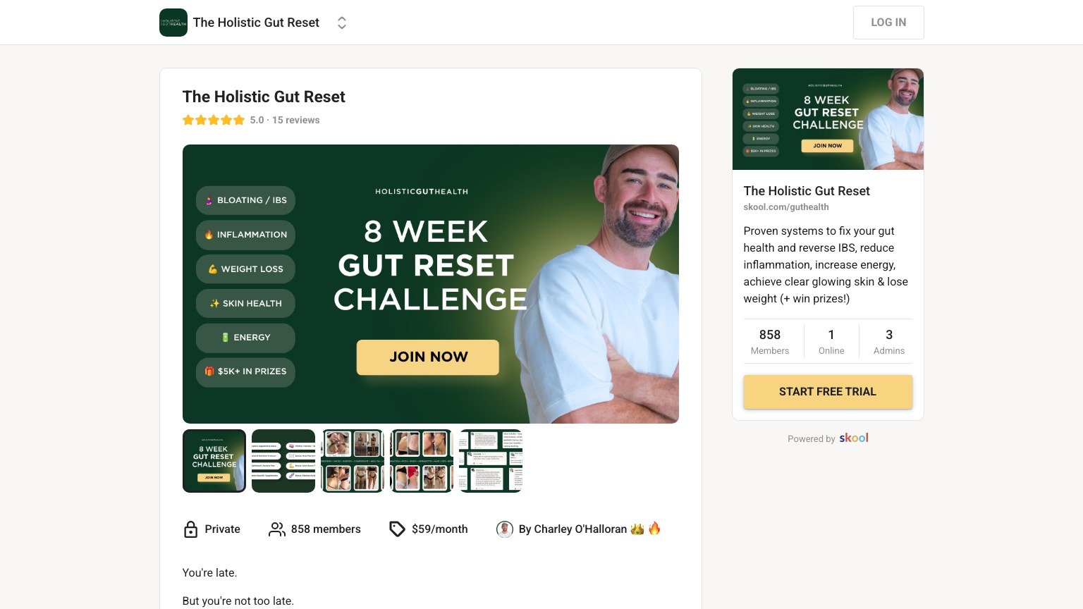 The Holistic Gut Reset About page on Skool showing the 858 member count and the START FREE TRIAL button