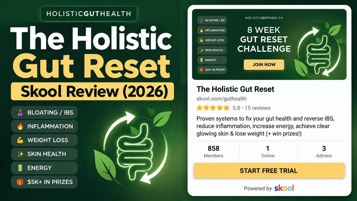The Holistic Gut Reset Skool review 2026, gut health community listing showing 858 members and a $59 monthly price