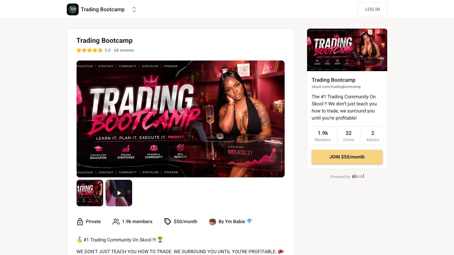The Trading Bootcamp About page on Skool showing the $50 monthly price and 1,916 members
