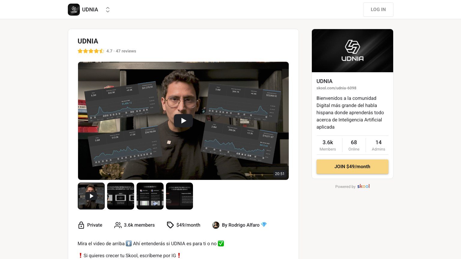 The UDNIA About page on Skool showing price, member count and founder