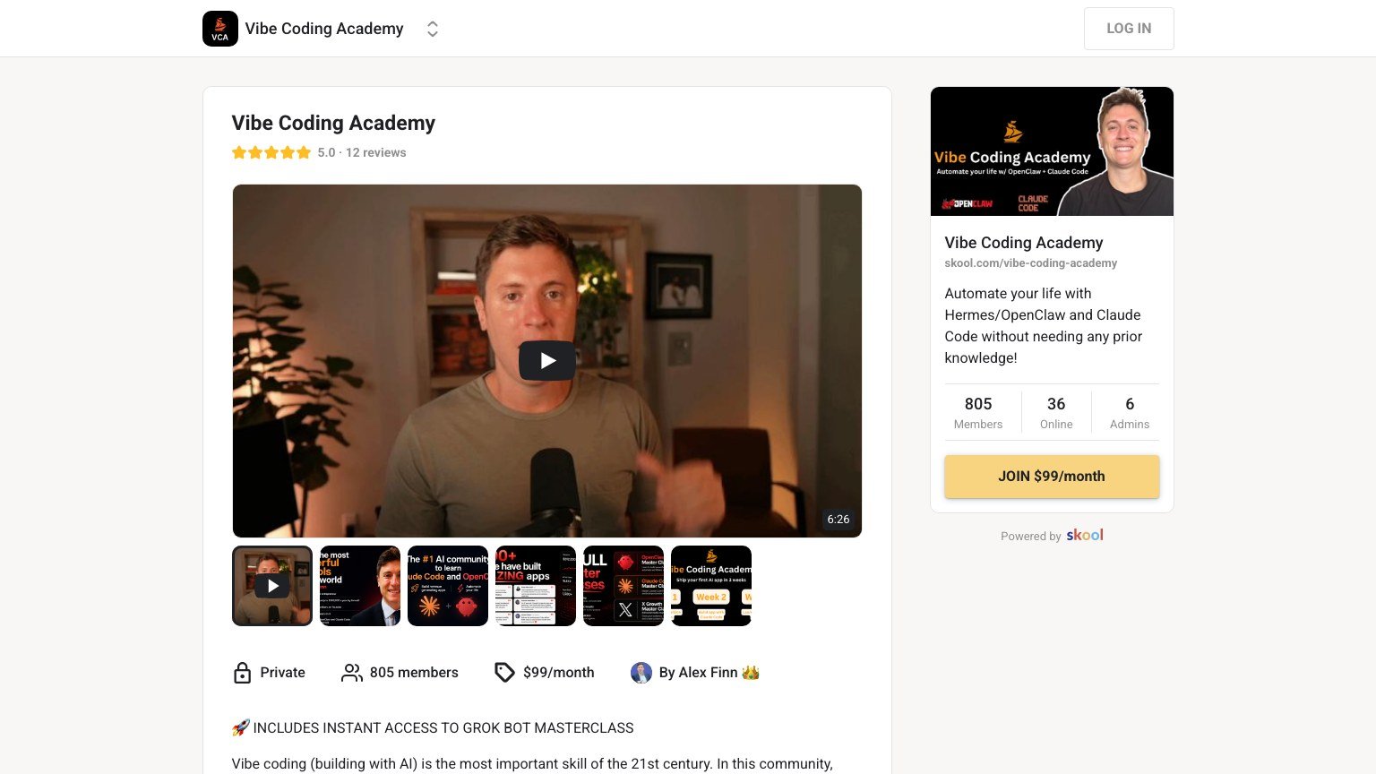 The Vibe Coding Academy About page on Skool showing price, member count and founder