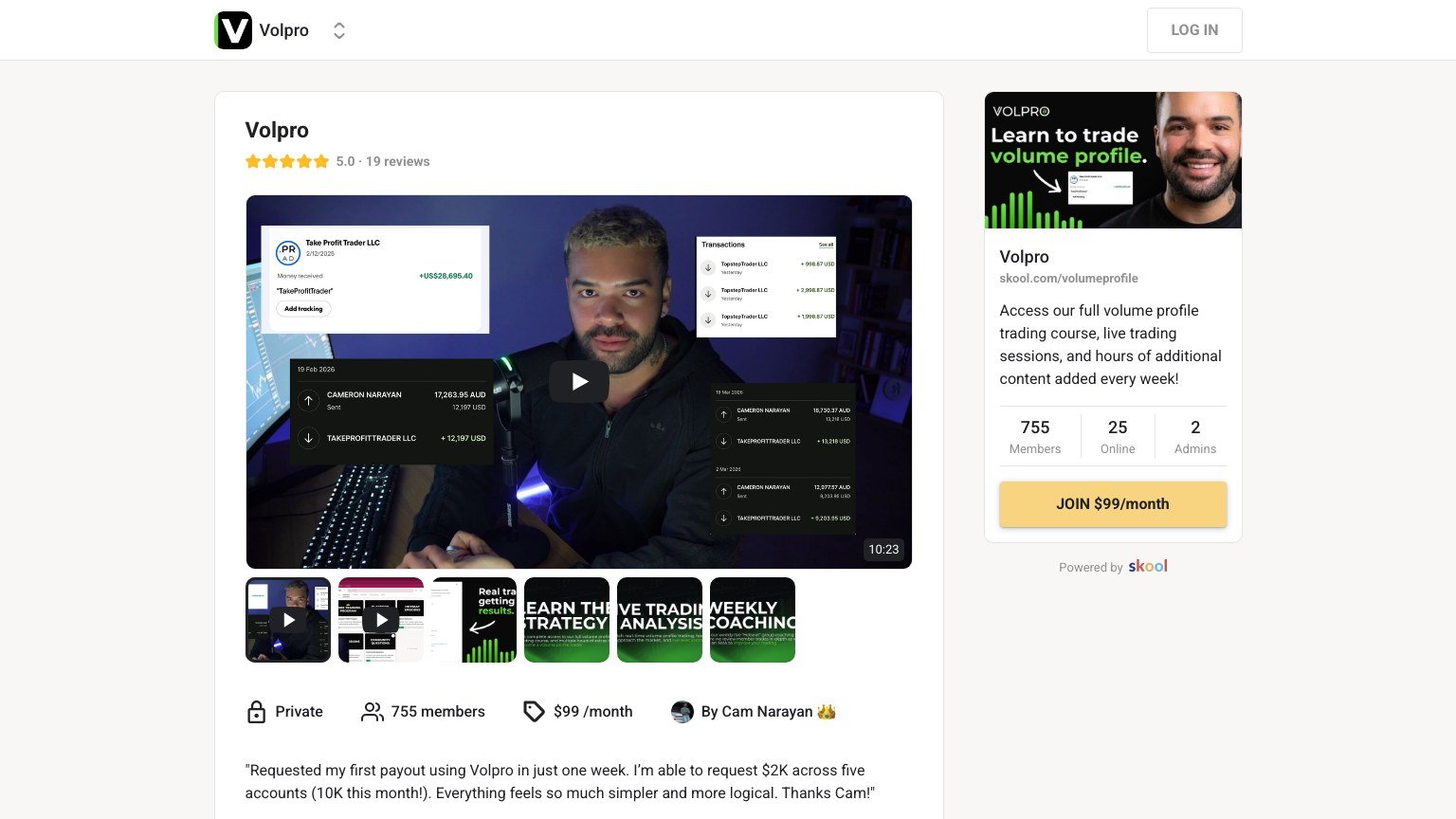 The Volpro About page on Skool showing the $99 monthly join button