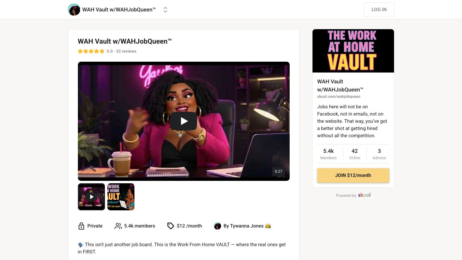 The WAH Vault About page on Skool showing the $12 monthly join button and the no refunds notice