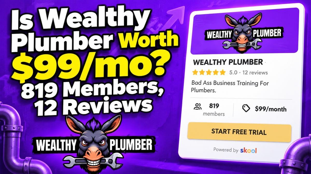 Wealthy Plumber Skool review 2026, Jered Williams plumbing business community listed at $99 a month with a free trial