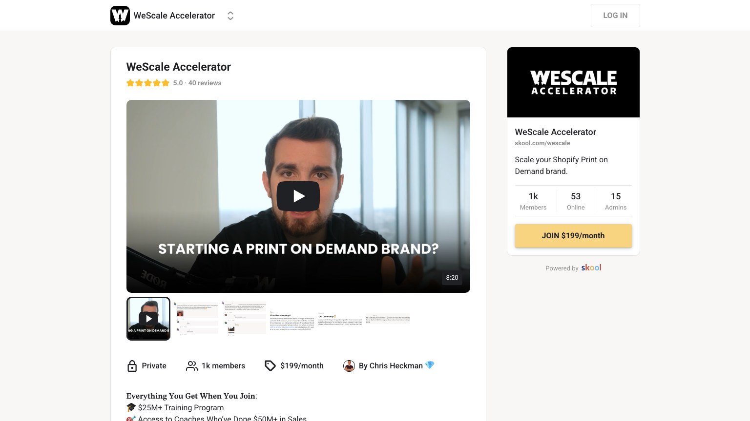 The WeScale Accelerator About page on Skool showing the $199 monthly price and 1,043 members