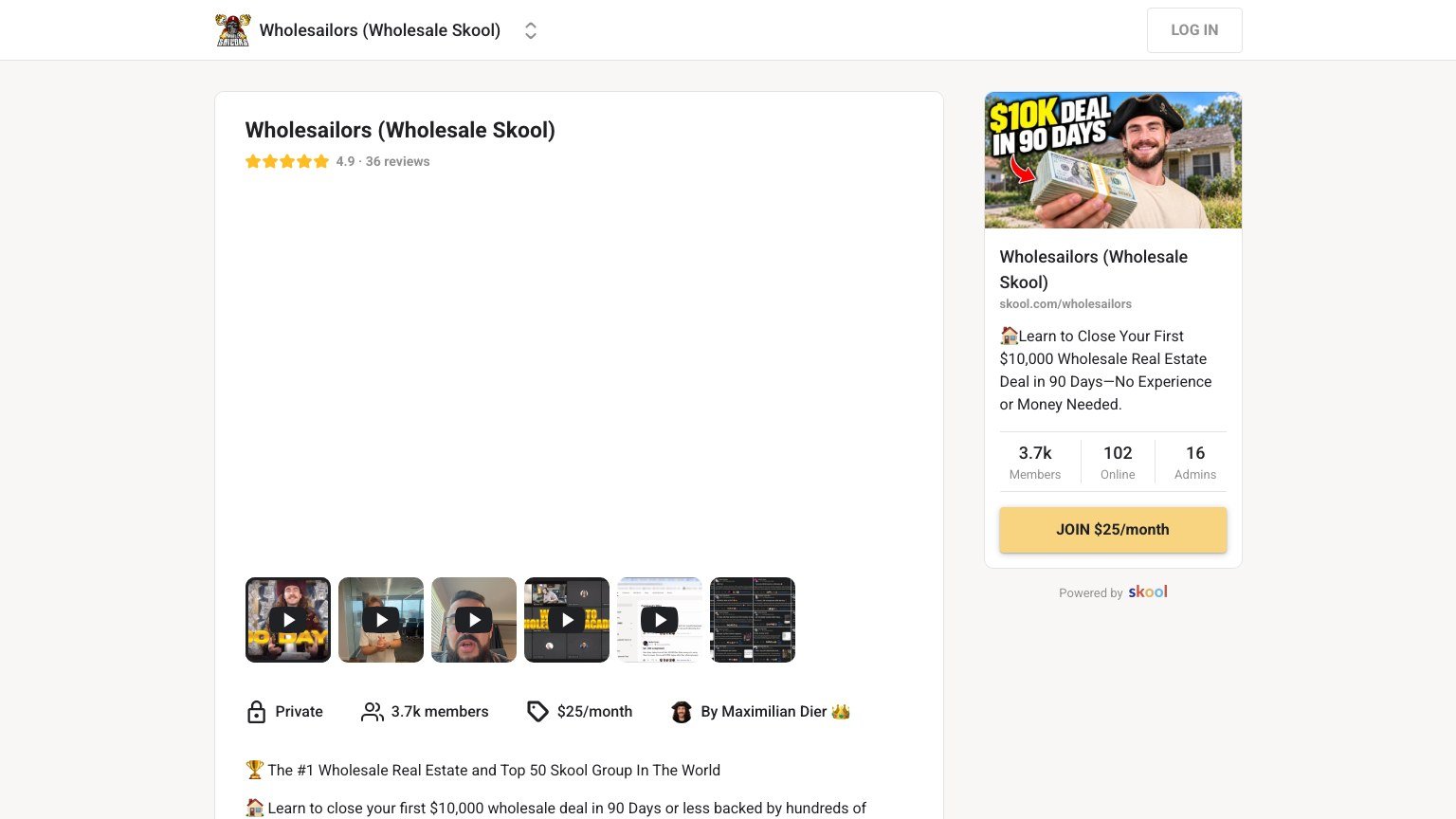 The Wholesailors About page on Skool showing the $25 monthly join button