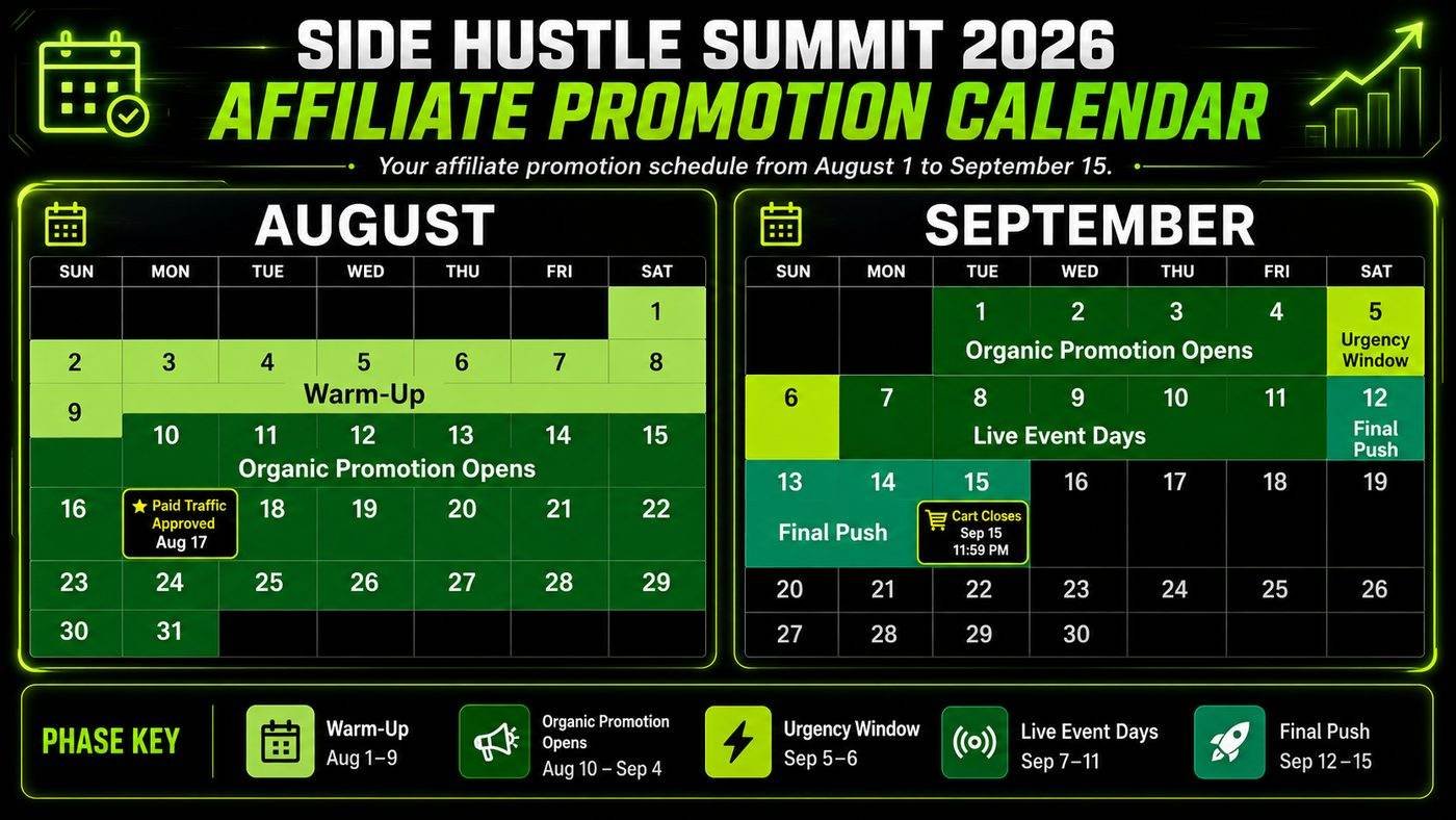 Side Hustle Summit 2026 affiliate promotion calendar — organic promotion and paid traffic both opening August 17, urgency window September 5 to 6, live event days September 7 to 11, final push through cart close September 13 at 11:59 PM