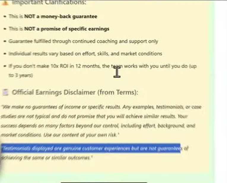 Monetise guarantee clarifications: not a money-back guarantee, not a promise of specific earnings, fulfilled through continued coaching and support only
