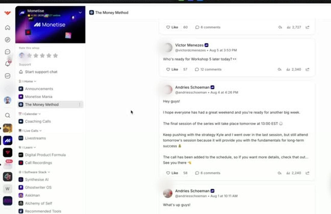 The Monetise community feed on Whop showing member posts about workshops and coaching sessions