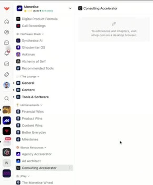 The Monetise sidebar showing bonus resources including Agency Accelerator, Ad Architect and Consulting Accelerator