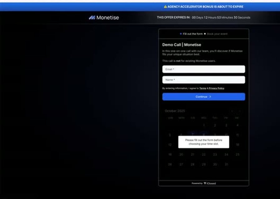 A Monetise offer page with a live countdown timer reading 12 hours remaining and a banner warning that the Agency Accelerator bonus is about to expire