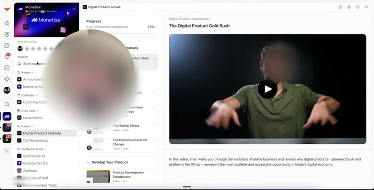 The Digital Product Formula course inside Monetise showing lesson modules including The Digital Product Gold Rush and Product Development Foundations