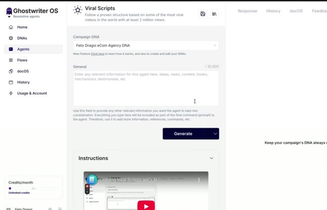 Ghostwriter OS inside Monetise showing the Viral Scripts agent with a Campaign DNA selector and generate button