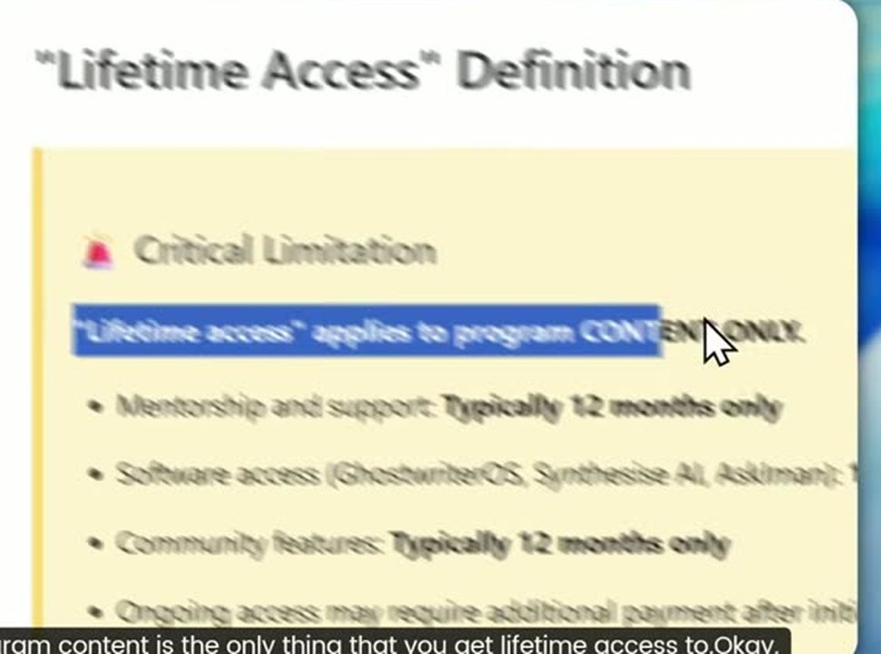 Monetise lifetime access definition showing mentorship, software access and community features are typically 12 months only
