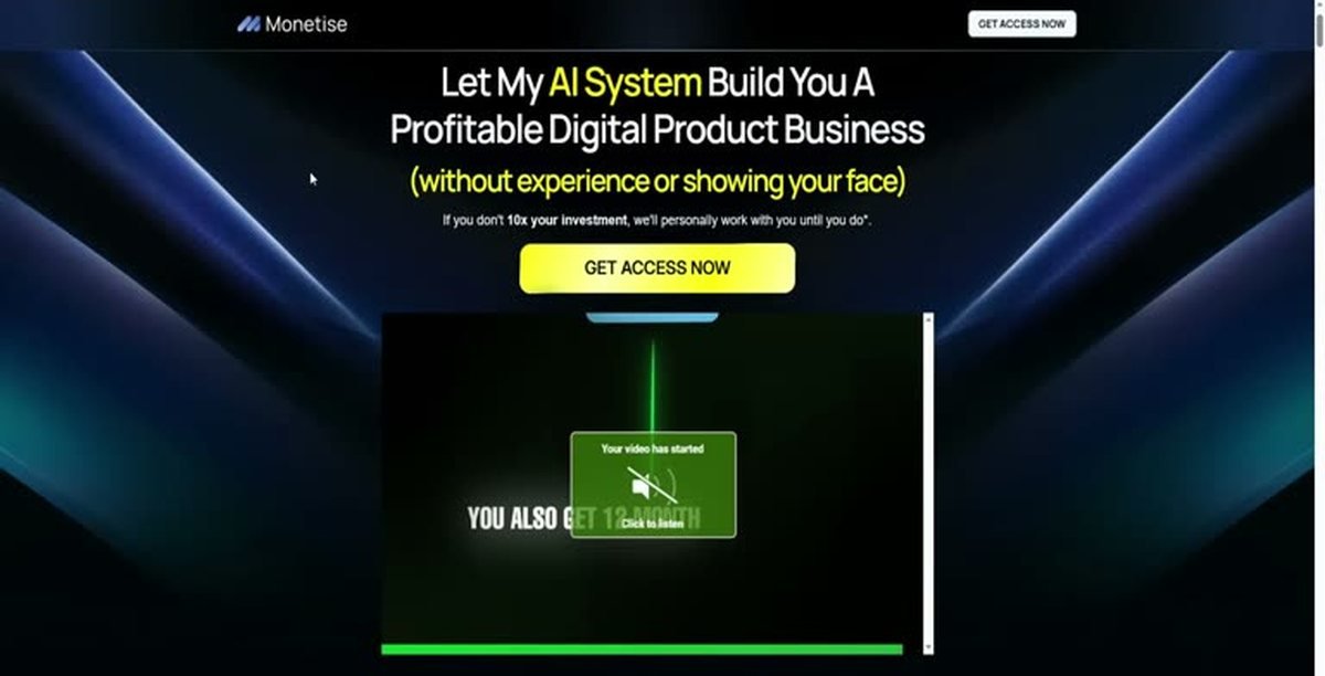 The Monetise sales page headline promising an AI system that builds a digital product business without experience or showing your face