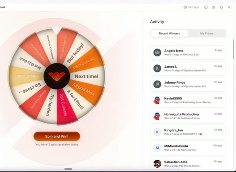 The Monetise Wheel, a spin-to-win prize wheel inside the member area with a recent winners activity feed