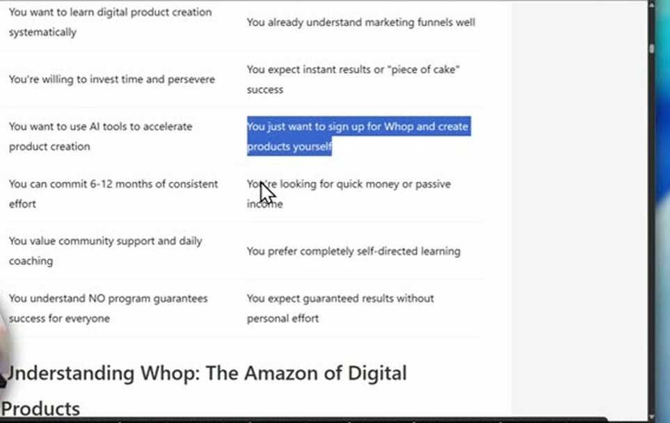 A table comparing who Monetise is for versus who it is not for, including that it is not for people who want quick or passive income