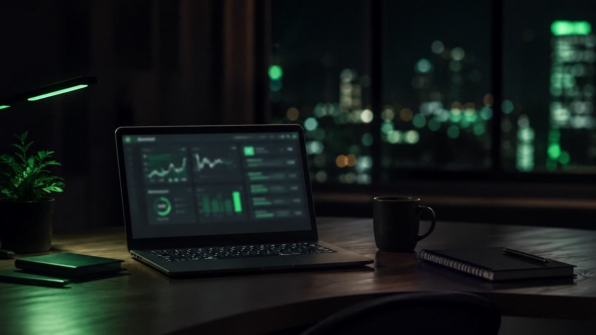 A laptop on a desk at night showing a dashboard — building a side hustle around a day job, the way the summit teaches