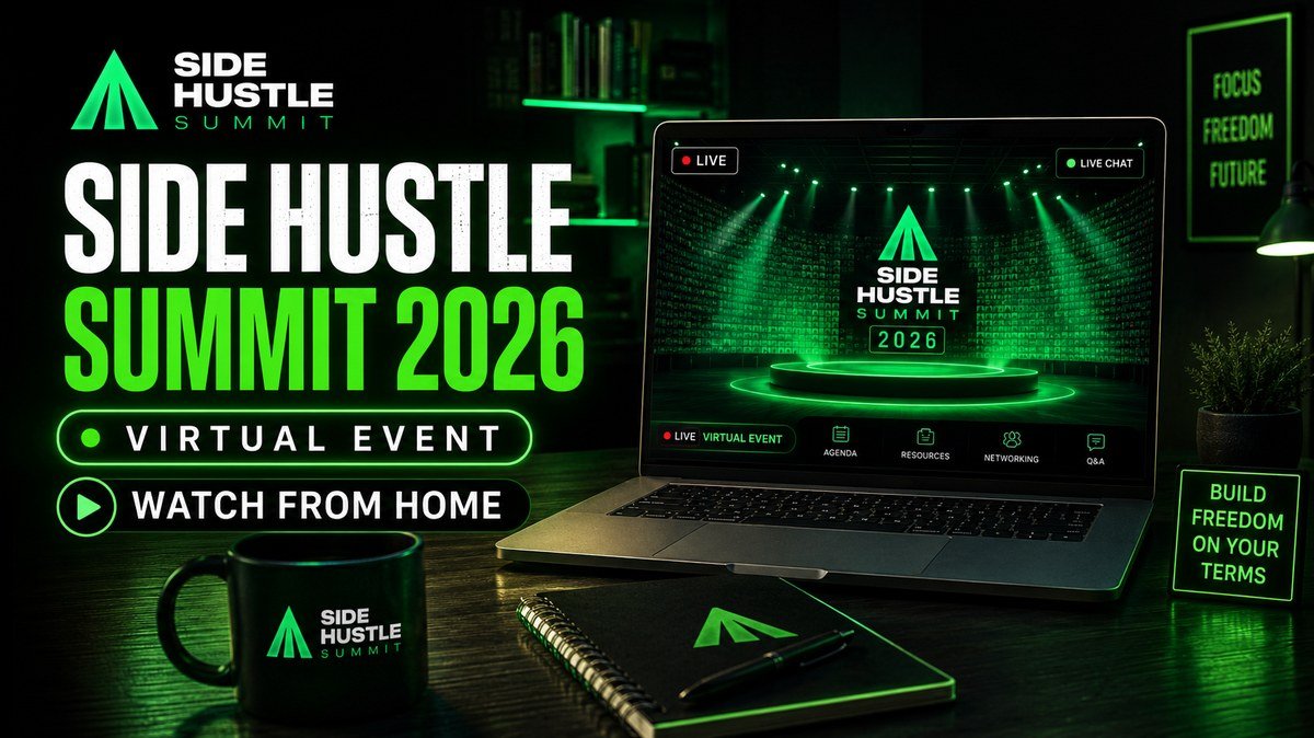 Side Hustle Summit 2026 virtual event streamed on a laptop from a home desk — the event is fully online