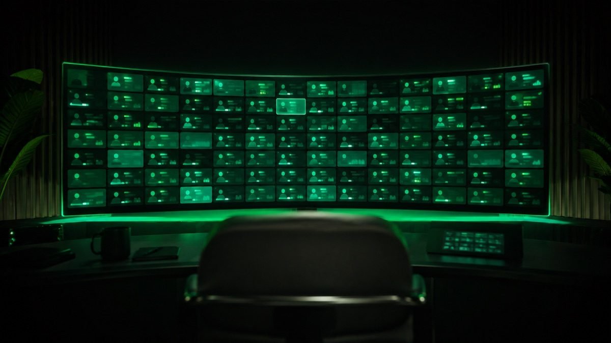 A large virtual-event attendee grid glowing on a monitor — the Side Hustle Summit streams live online with replays within 24 hours